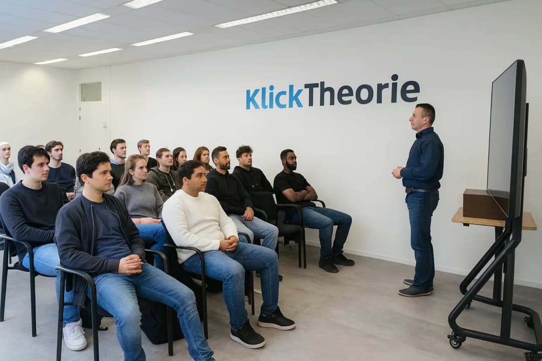 Instructeur geeft een dagcursus autotheorie aan volwassen leerlingen in een klaslokaal.